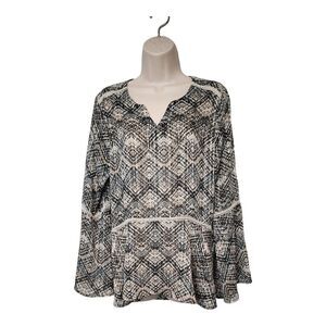 Sunny Leigh Tunic Blouse Metallic Thread Bell Sleeve Lace Accent Size La…